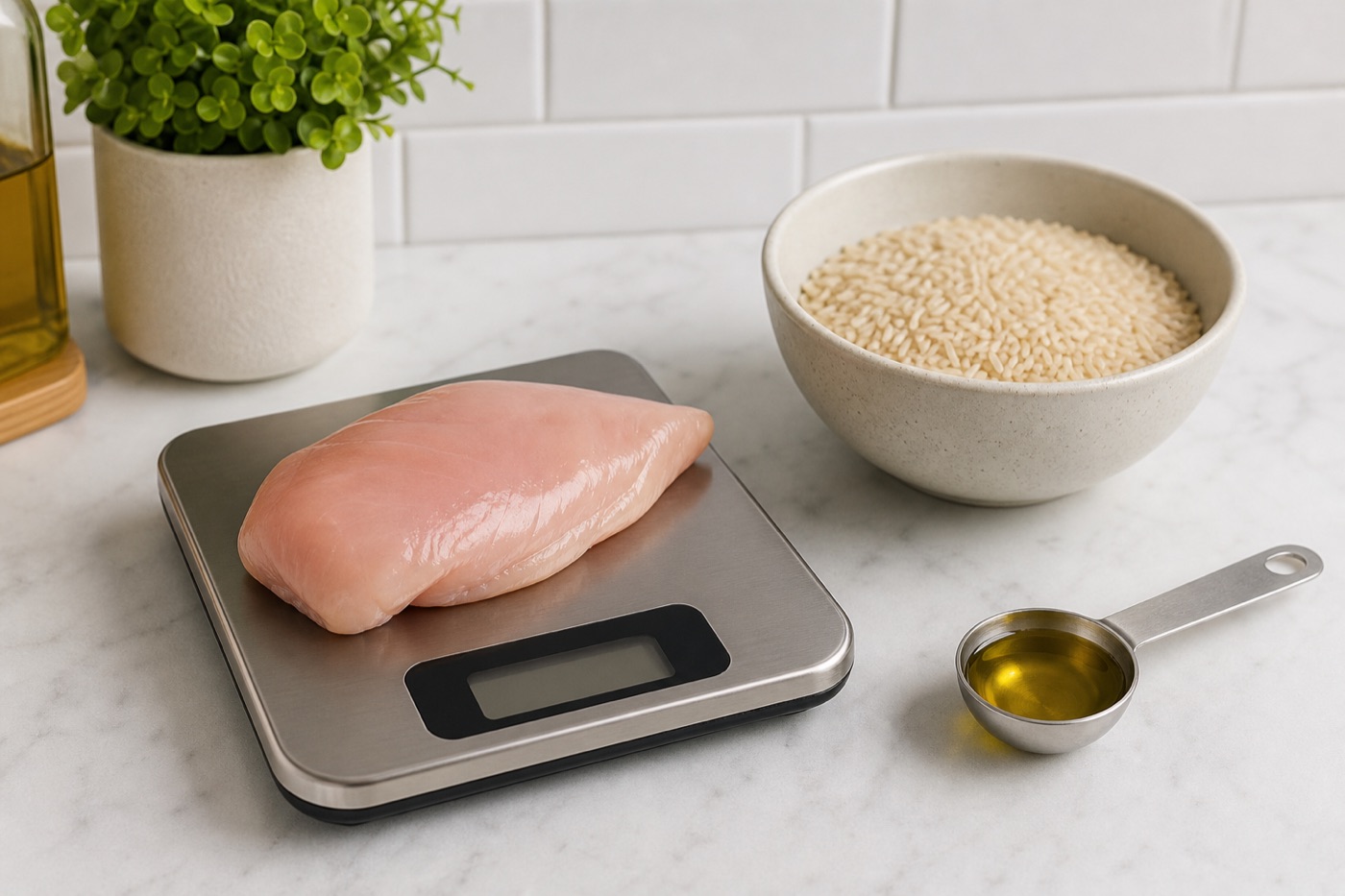 A kitchen scale holding a chicken breast beside a bowl of rice and a spoon of olive oil